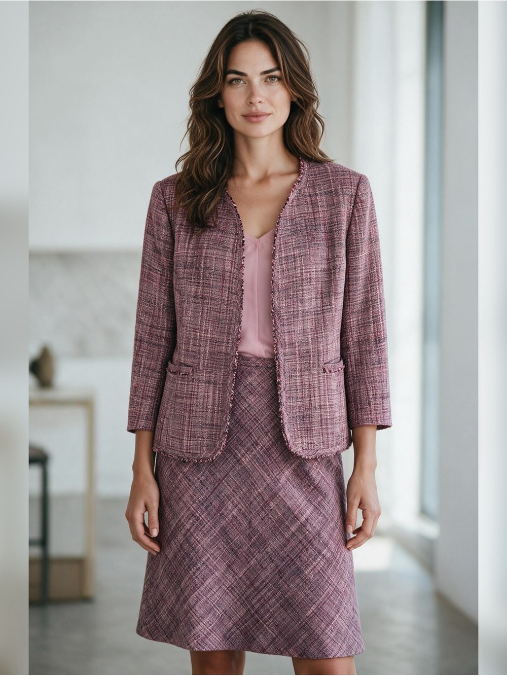 Kasper 2 Piece Skirt Suit Blazer Jacket Pink Tweed Fringe 10P